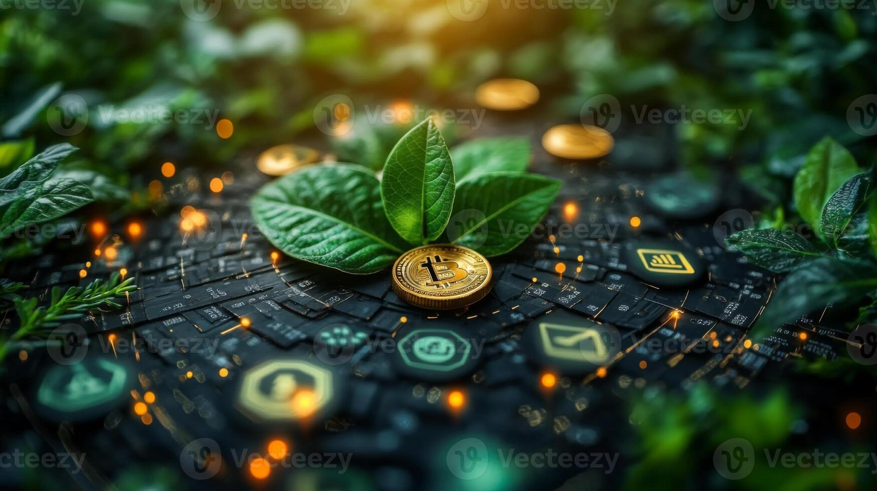 Nature intertwines with technology, featuring lush green leaves and glowing cryptocurrency coins laid out on a digital circuit board. This scene represents sustainable finance. photo