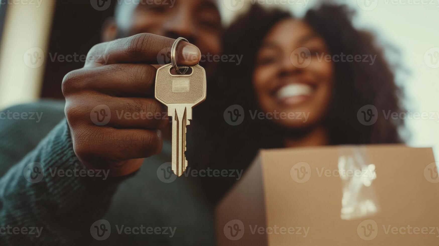 A joyful couple smiles while holding up house keys in their hand, surrounded by a warm and inviting interior. They stand beside a packed box, symbolizing their new beginning in real estate. photo