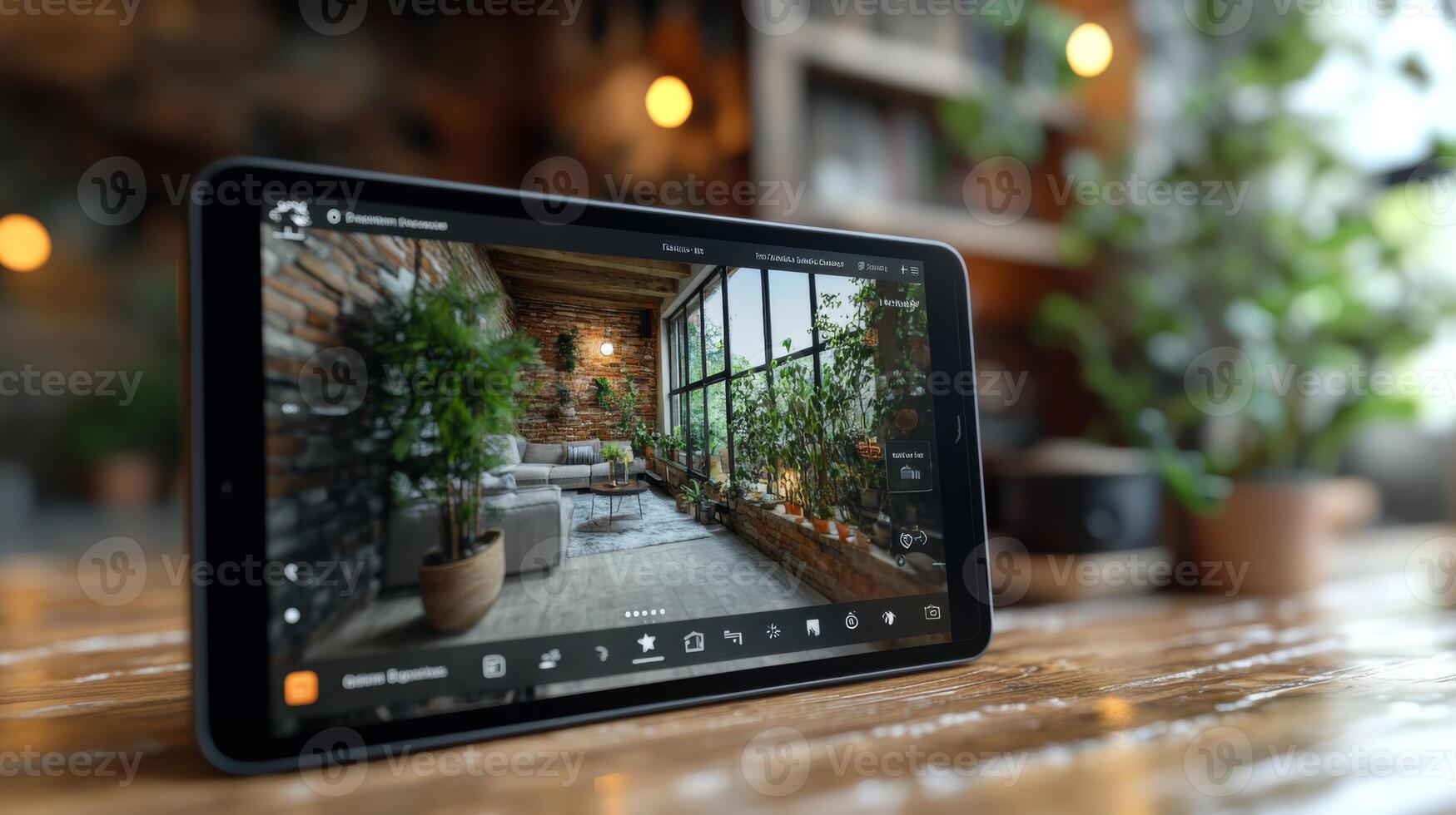 A tablet rests on a wooden table, showcasing a beautifully designed indoor space featuring plants, comfortable seating, and warm lighting. The setting is inviting and serene. photo
