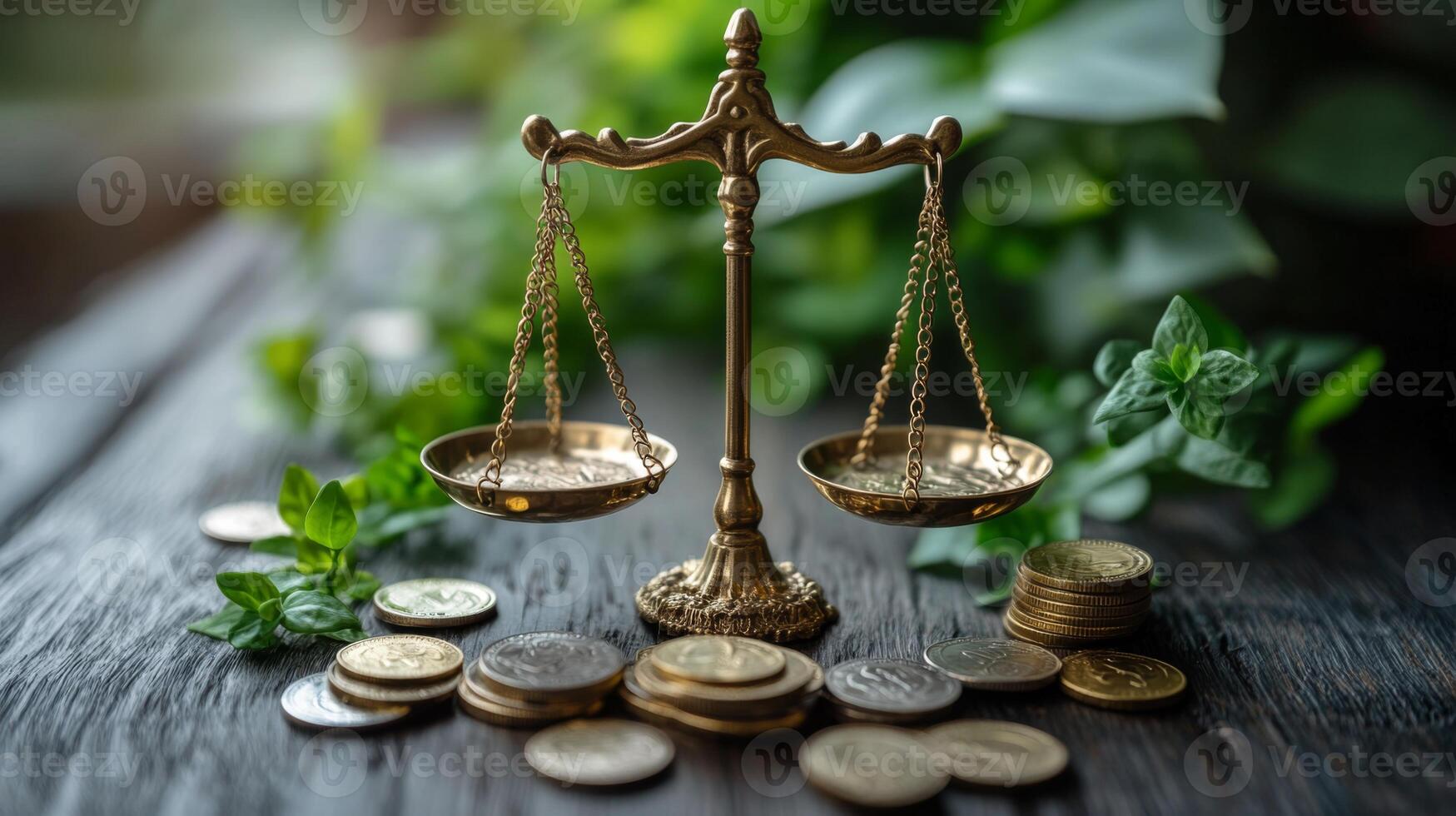 Scales of justice are placed on a wooden table, with coins scattered around them. Green plants add a touch of nature, symbolizing the balance between law and money. photo