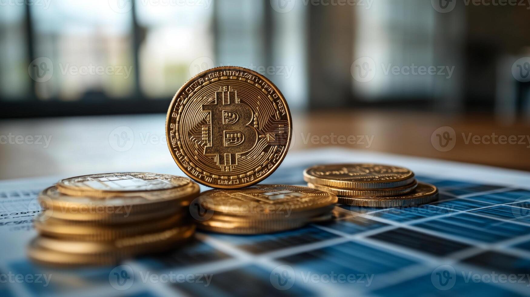 Golden bitcoins are stacked on a financial report, symbolizing the rising interest in cryptocurrency investments as market trends evolve. photo