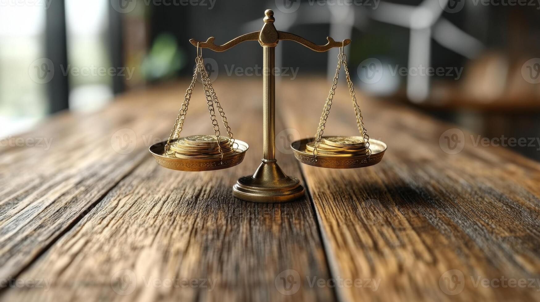 A vintage scale with gold weights sits elegantly on a rustic wooden table. Soft natural light enters the room, accentuating its serene atmosphere and inviting ambiance. photo