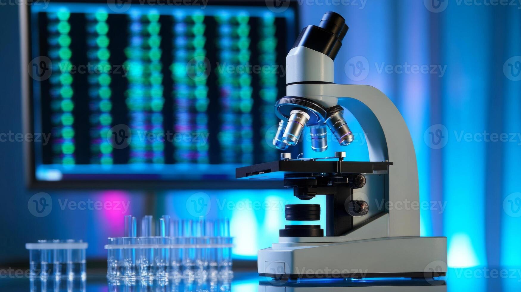 A microscope is positioned on a lab table, surrounded by sample containers. In the background, a computer screen displays colorful data related to biological research. photo