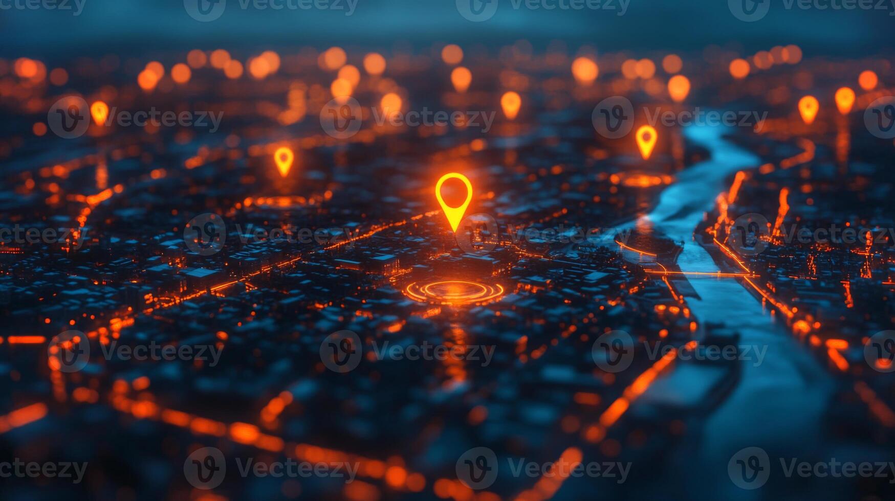 An aerial view of a city at night showcases a network of glowing location markers scattered throughout the urban landscape, highlighting key areas. photo