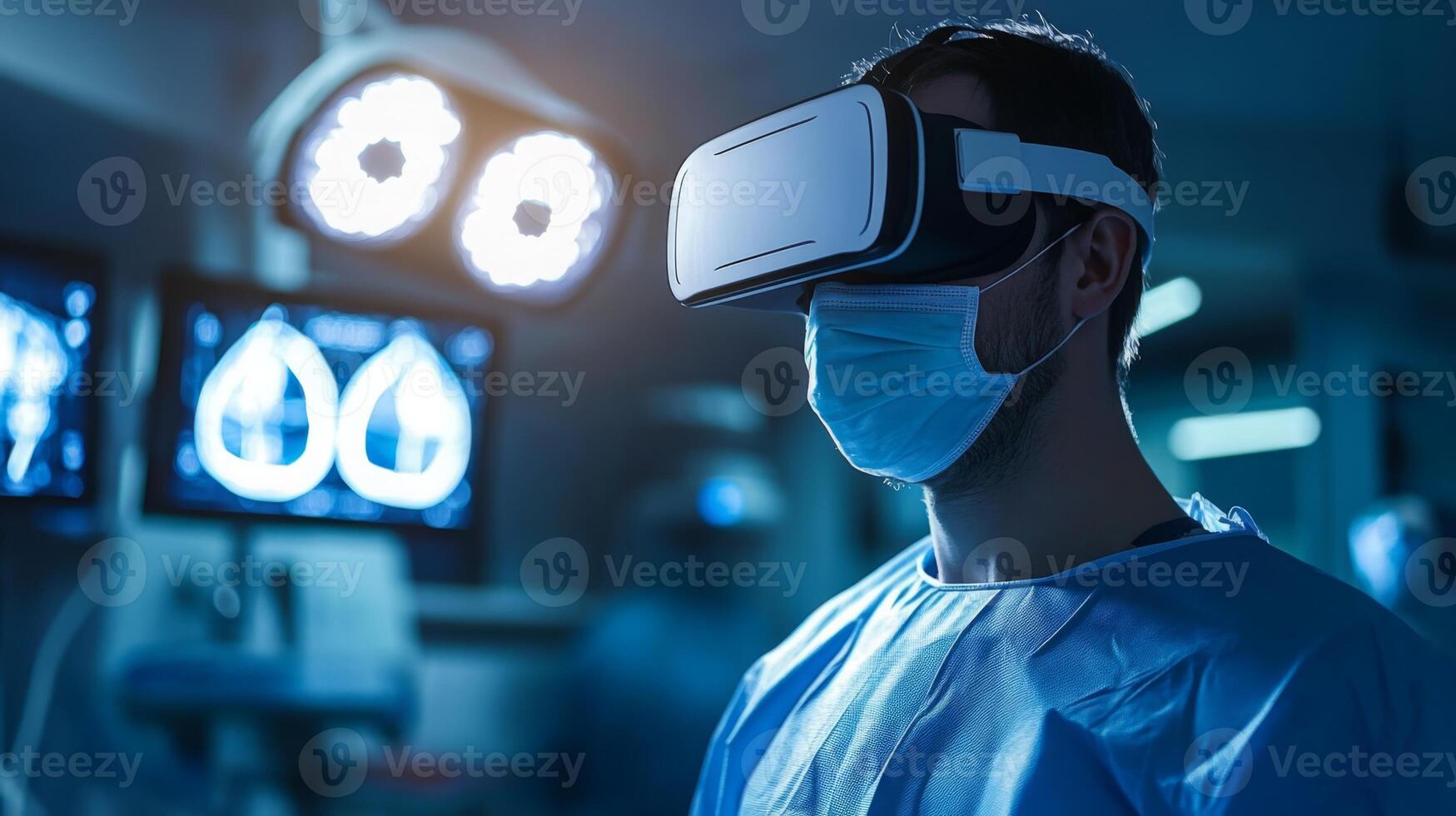 A medical professional wearing a virtual reality headset engages in immersive training. Surrounding screens display medical data, enhancing learning in a high-tech environment. photo