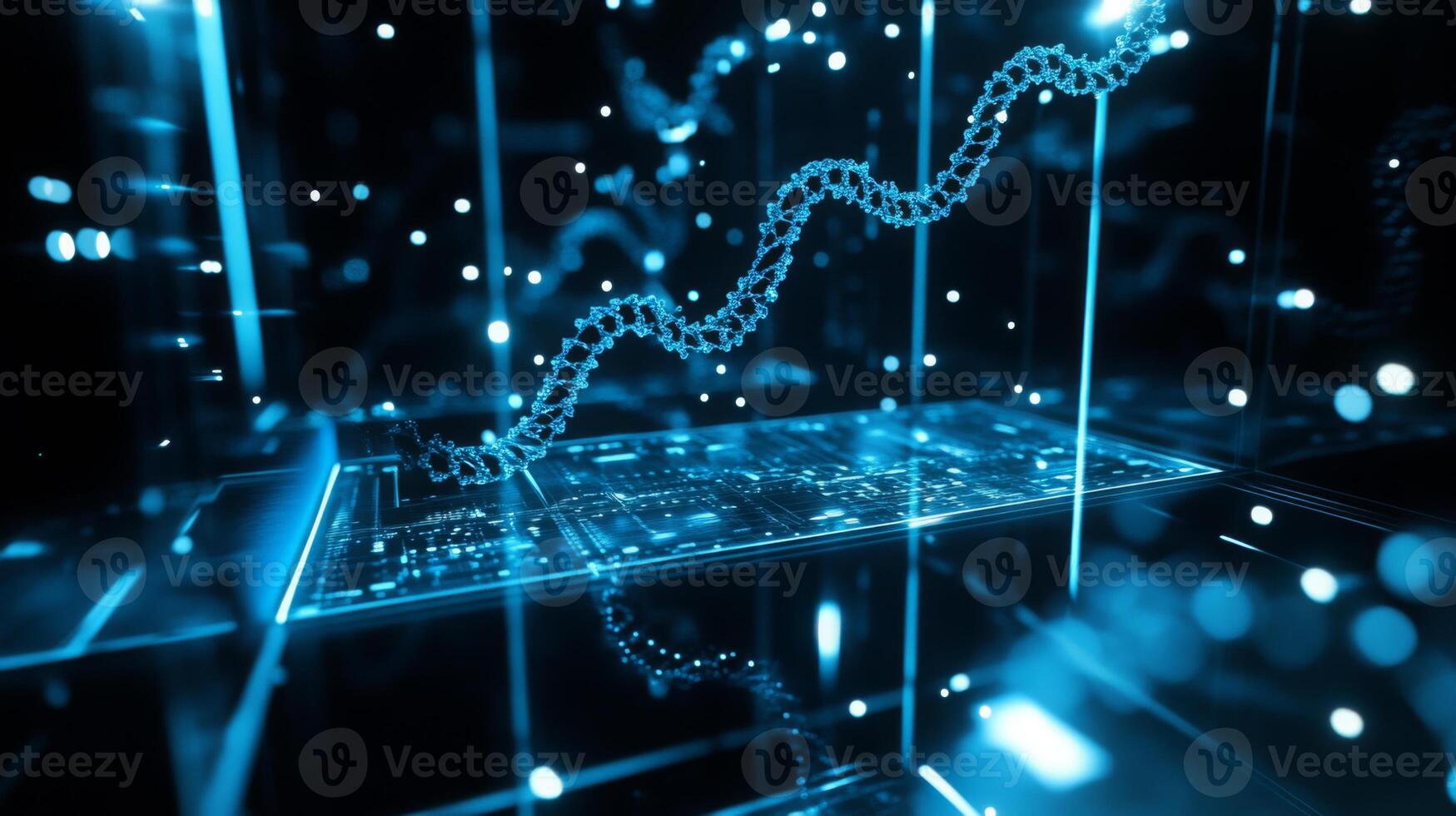 A complex representation combines artificial intelligence and bioinformatics, showcasing a digital structure of genetic data and neural networks. photo