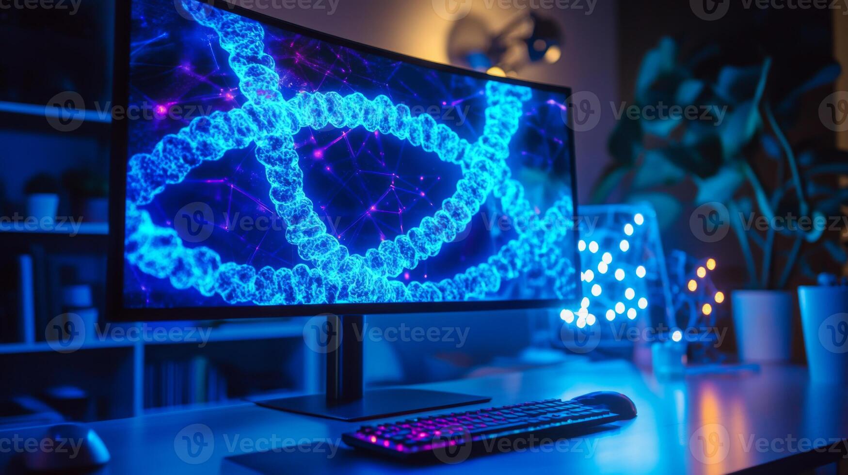 A computer screen displays a vibrant, glowing representation of DNA strands, showcasing the fusion of artificial intelligence with biotechnology. photo