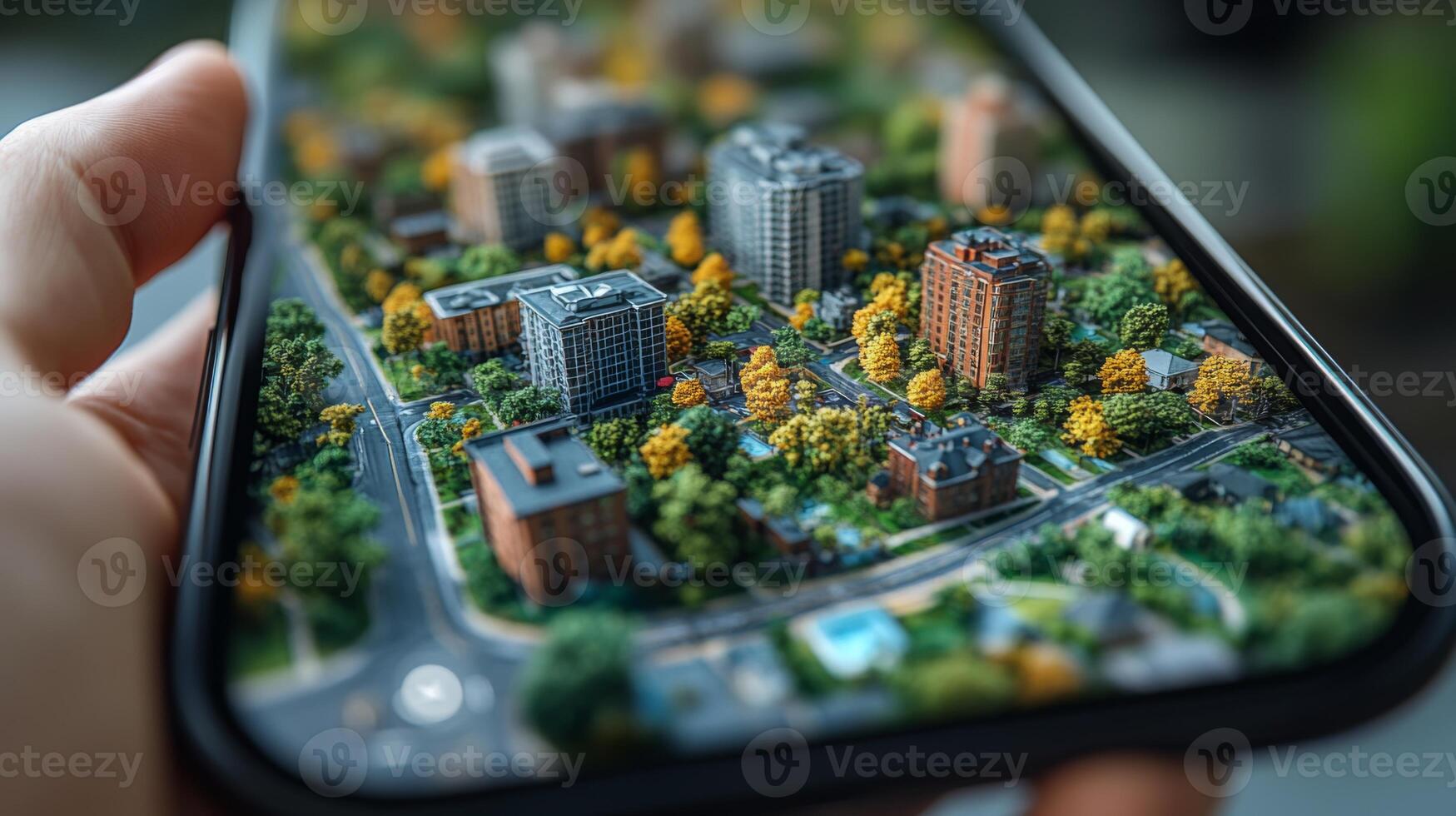 A hand holds a smartphone displaying a vibrant cityscape resembling a miniature model. Autumn colors fill the landscape with various buildings and trees, showcasing urban life. photo