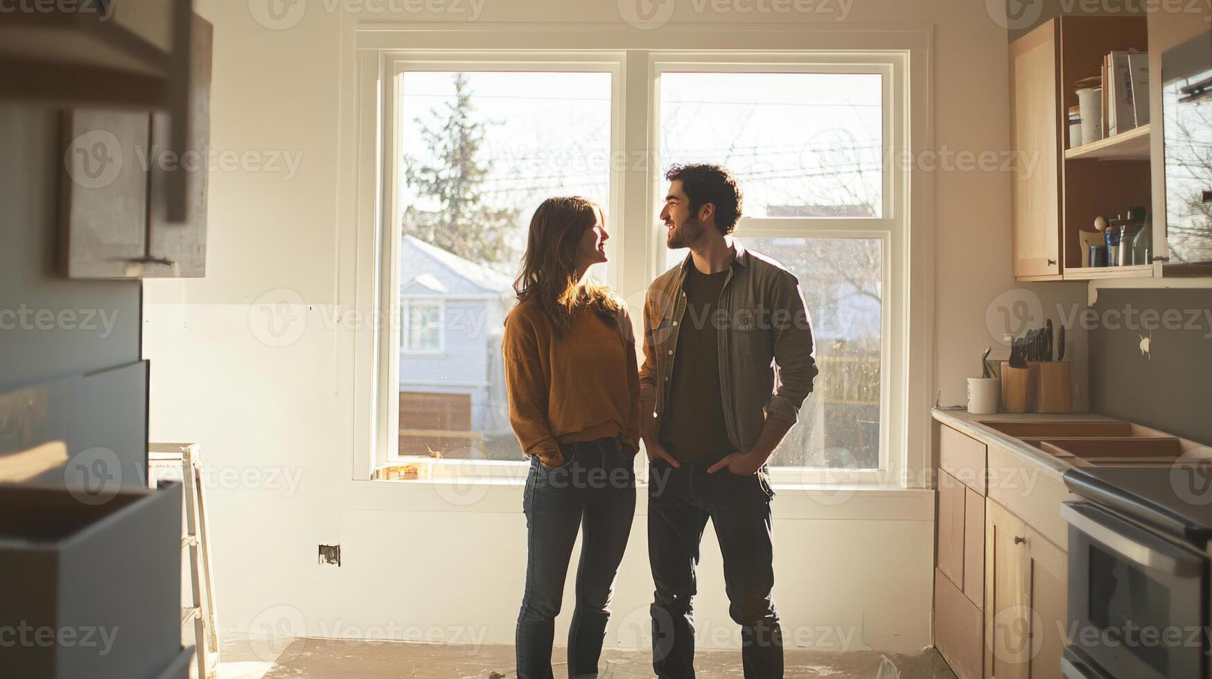 A couple stands in a sunlit, partially renovated kitchen, contemplating design choices and future possibilities. Natural light illuminates the space, highlighting their excitement and anticipation. photo