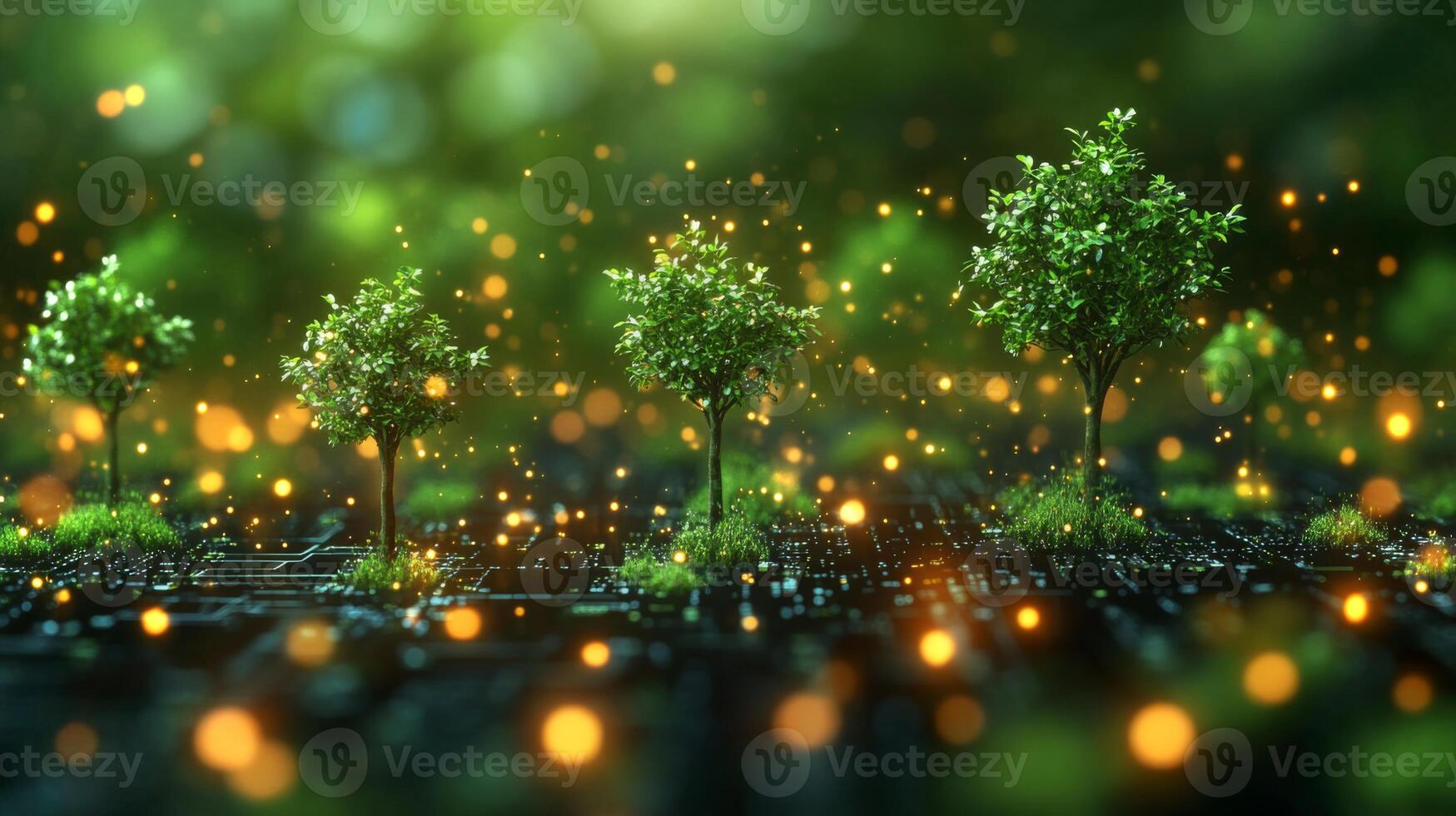 Miniature trees stand on a digital circuit board surrounded by shimmering lights, illustrating the harmony between nature and technology in a vibrant, surreal environment. photo