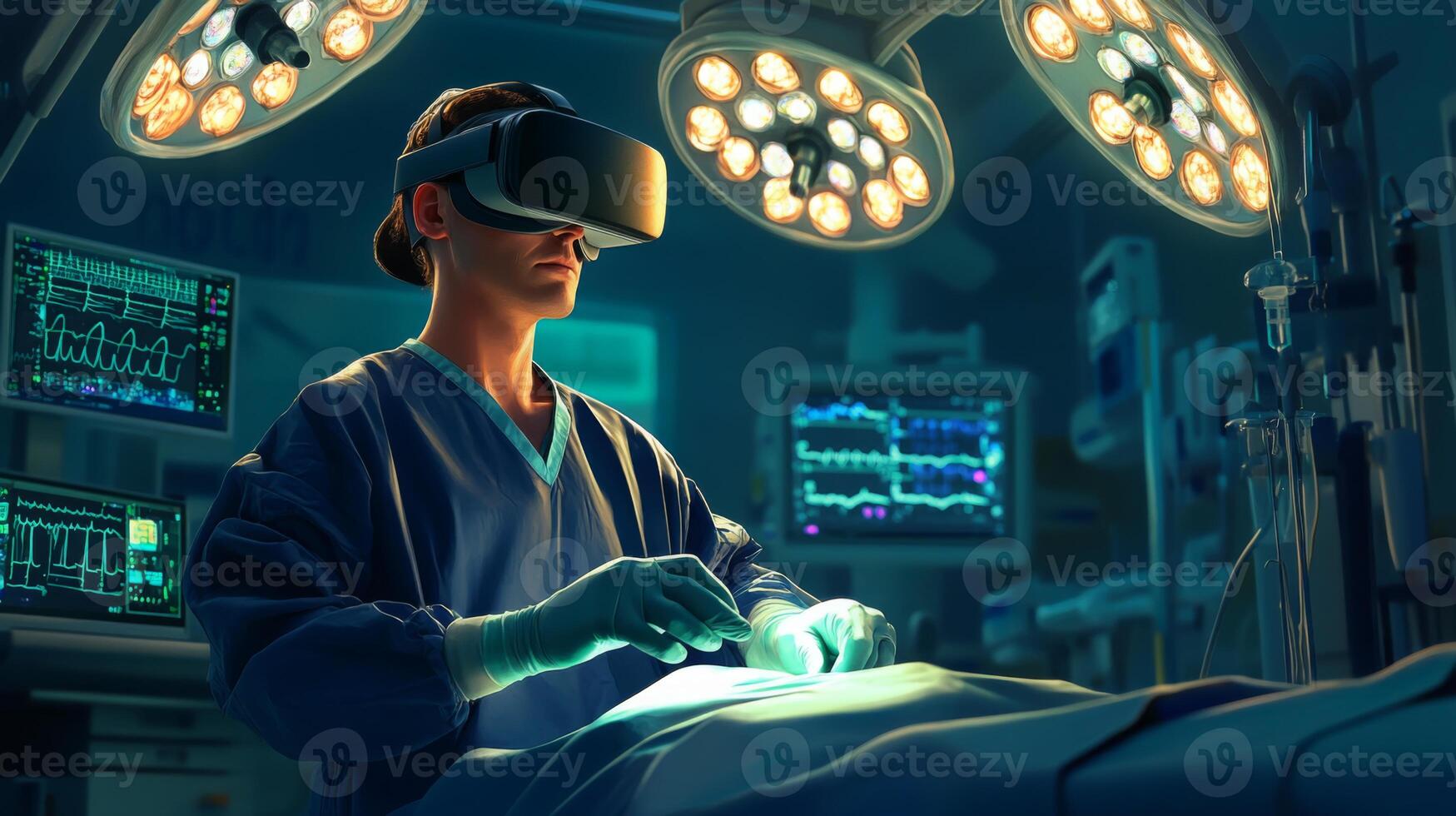 A medical professional wearing a virtual reality headset engages in a surgical procedure, surrounded by monitors displaying vital signs and data. photo