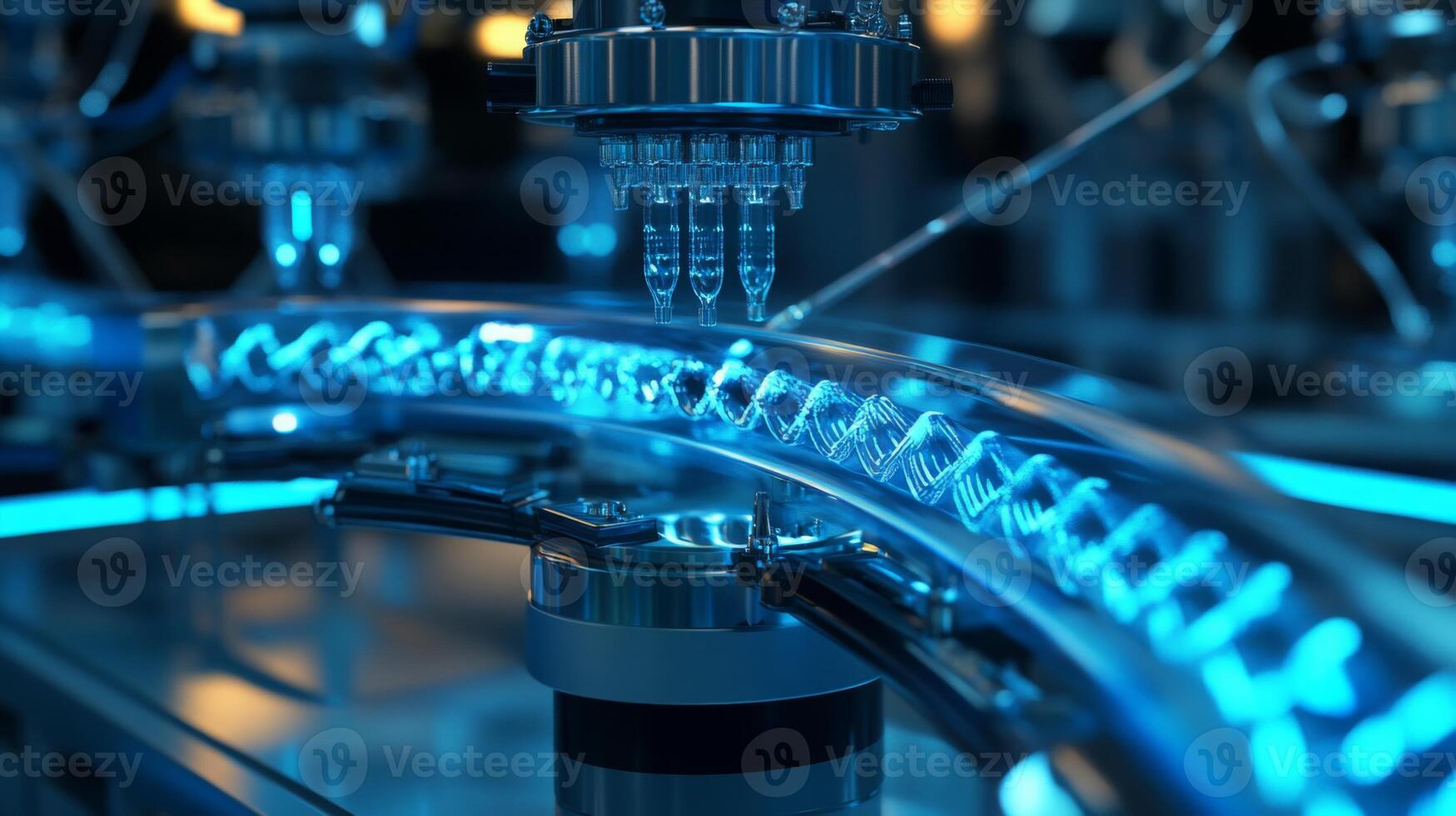 In a biotechnology research facility, automated robotic systems are busily processing liquid samples through a transparent tube. photo