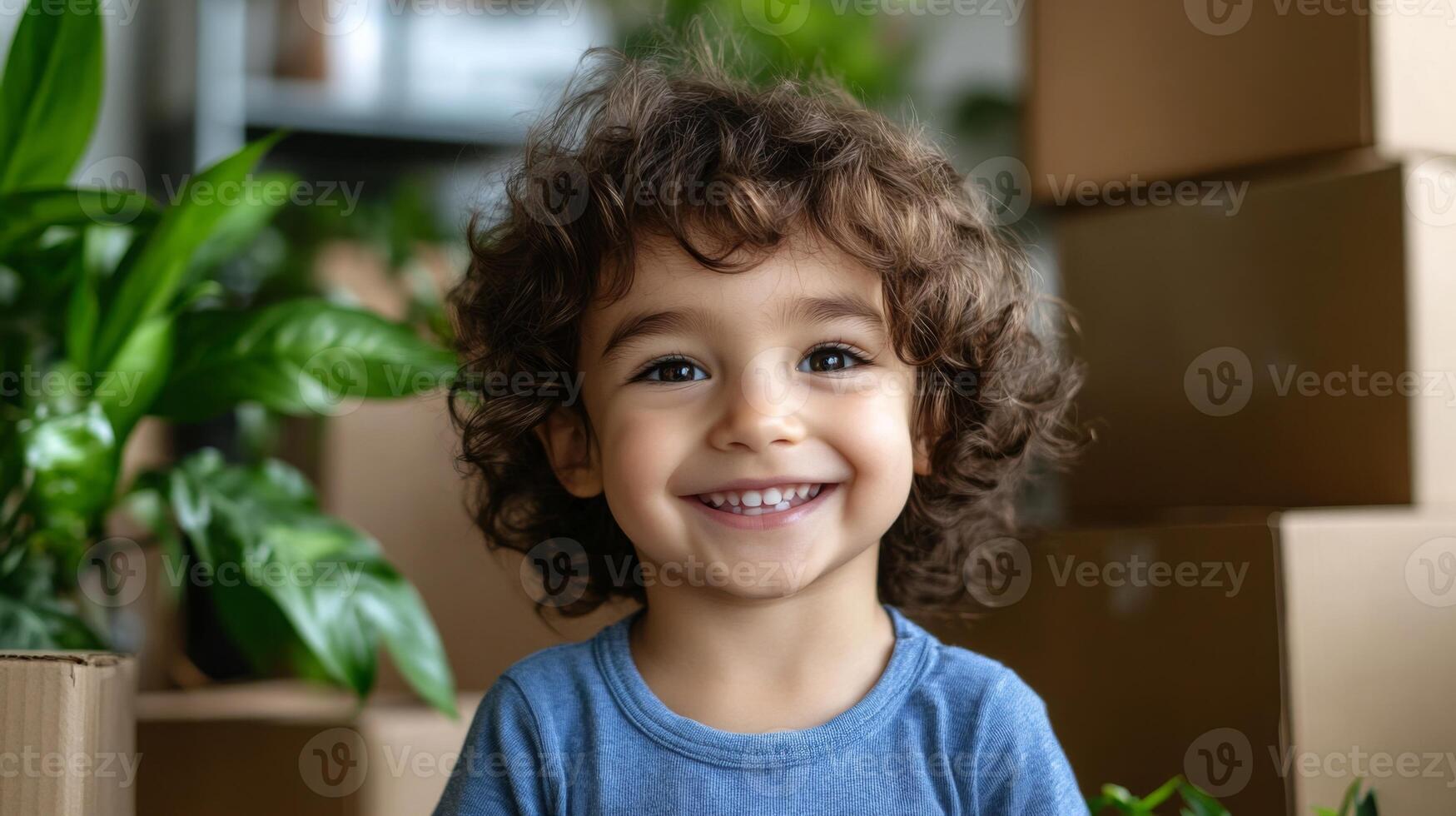 A joyful young child with curly hair smiles brightly while sitting among green plants and cardboard boxes. The lively atmosphere suggests a vibrant home setting, possibly during a moving process. photo