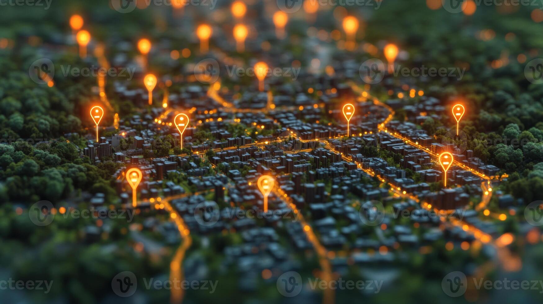An illuminated cityscape features glowing location markers, indicating various points of interest across the urban area. The vibrant lights juxtapose the dark surroundings, showcasing city life. photo