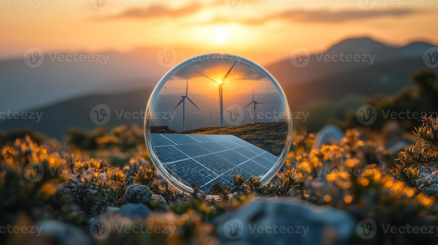 A glass orb captures the sunset, reflecting wind turbines and solar panels in a picturesque landscape. Surrounding flora adds color to the view at golden hour in a natural setting. photo