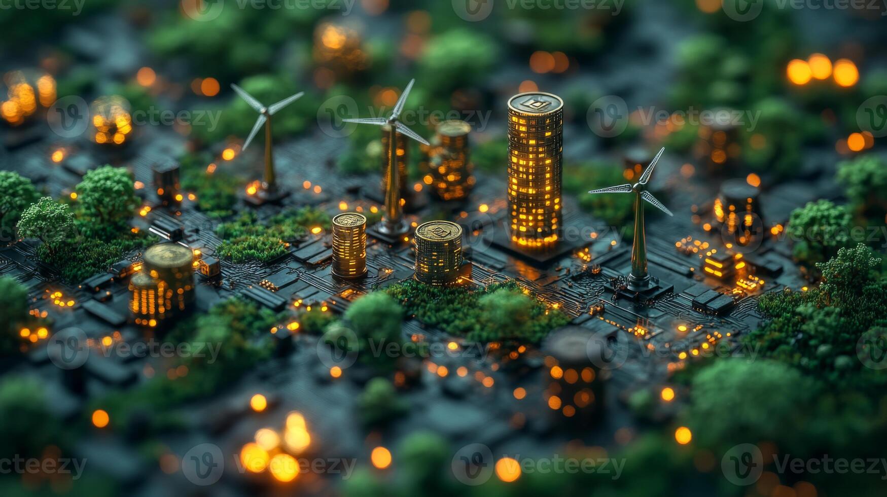 A miniature model showcases a futuristic city with illuminated buildings and wind turbines. Lush greenery surrounds energy-efficient structures, reflecting innovation in sustainable design. photo