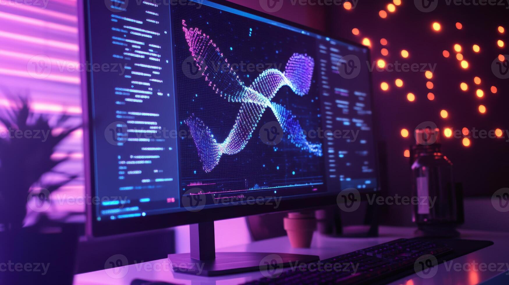 A vibrant display showcasing intricate data patterns is presented on a computer monitor in a well-lit workspace. photo