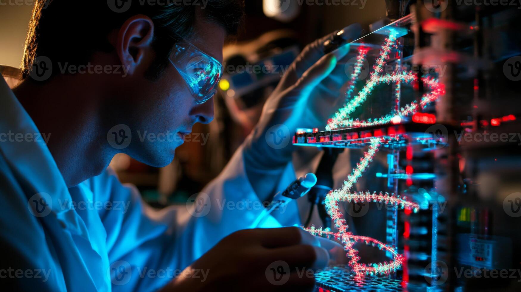 A scientist focuses on intricate circuitry, connecting bio-computer systems in a dimly lit lab. The vibrant lights illuminate the complex equipment, showcasing technological innovation and research. photo