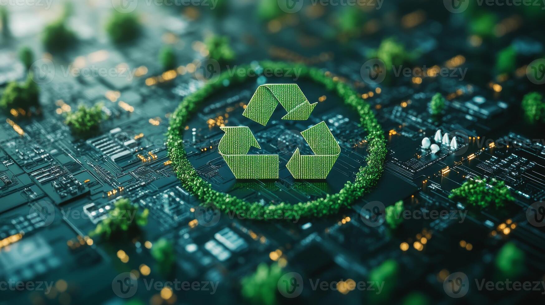 A vibrant illustration features a green recycling symbol on a circuit board backdrop with small plants, representing the blend of technology and nature for sustainability. photo