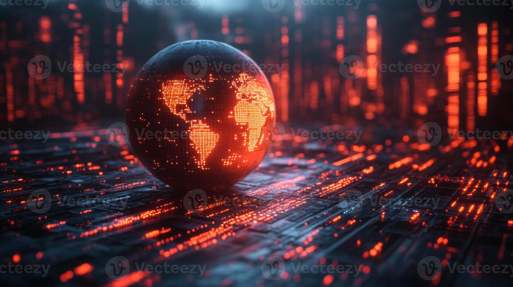 A spherical representation of the world with illuminated continents is surrounded by vibrant, glowing data patterns. The technology-inspired environment suggests a digital landscape. photo