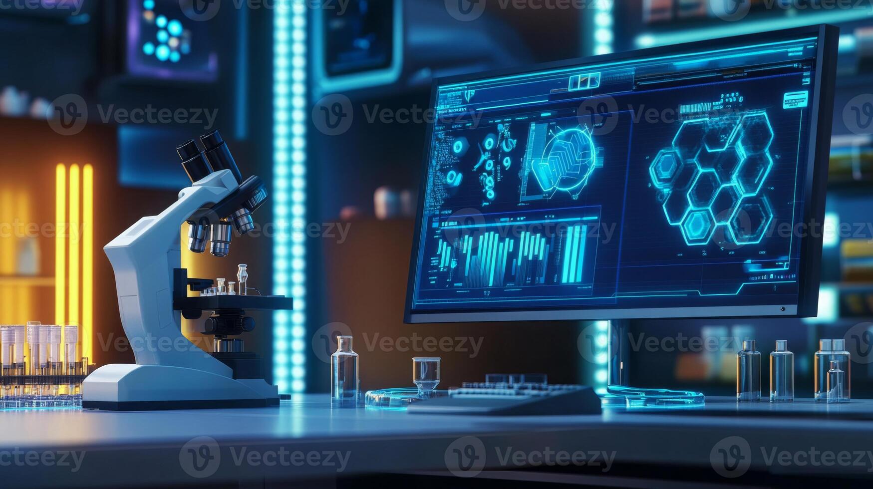 A modern laboratory features a high-tech microscope alongside an advanced computer display. The scene is illuminated with blue light, highlighting intricate digital data and laboratory equipment. photo