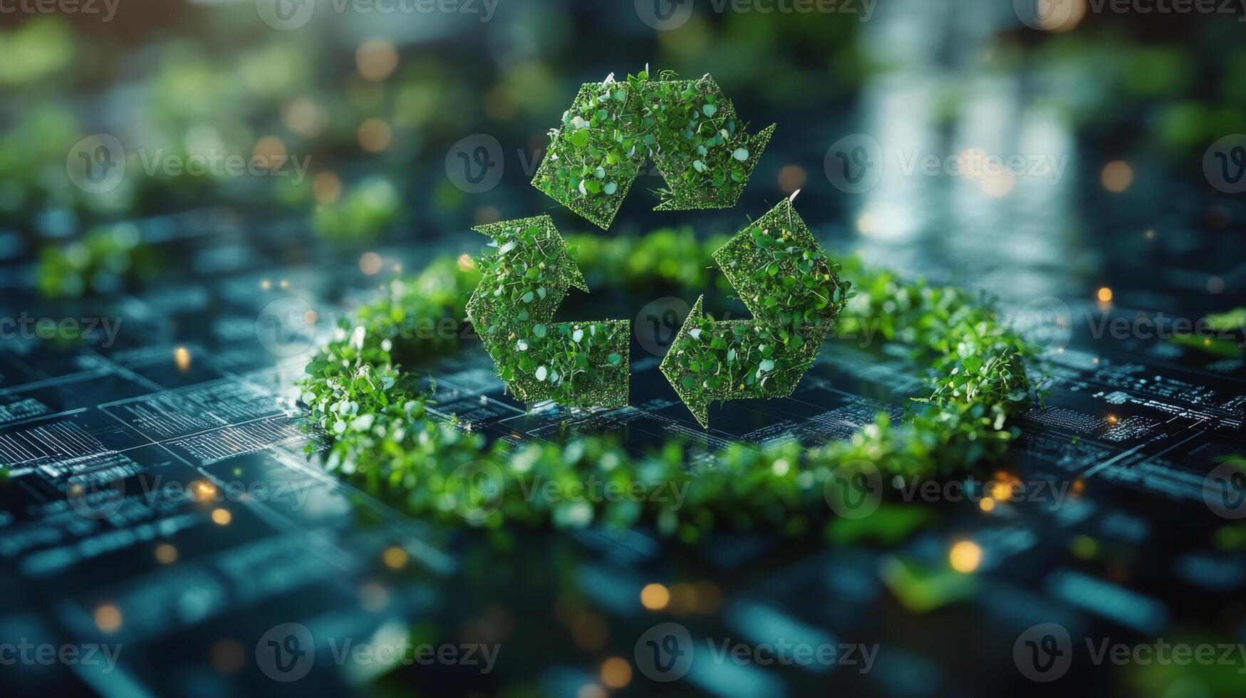 A vibrant green recycling symbol made from leaves is centered within a circular arrangement of foliage. The background features abstract digital elements, creating a modern, eco-friendly atmosphere. photo