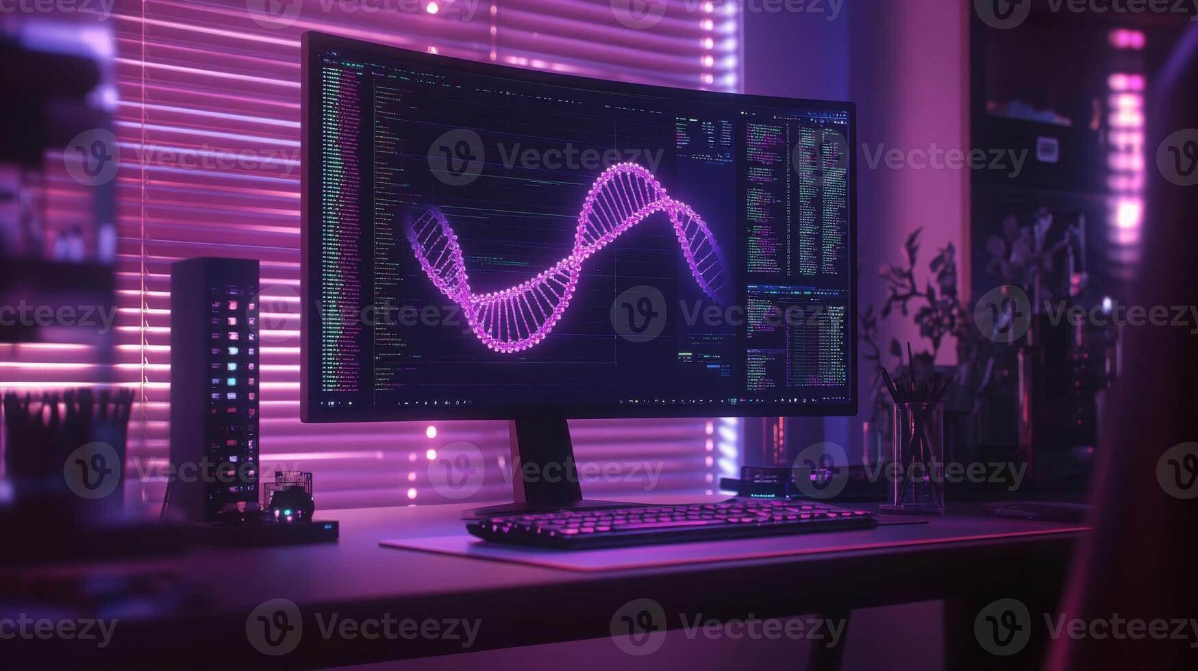 A modern computer desk displays a large monitor filled with vibrant bioinformatics data and AI algorithms. photo