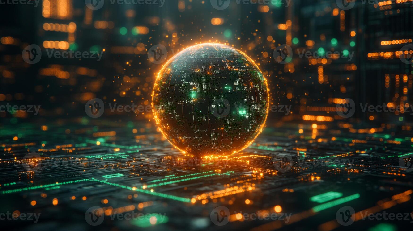 A luminous globe composed of digital elements rests on a circuit board illuminated with vibrant colors. This artwork represents advancement in technology and interconnectedness. photo