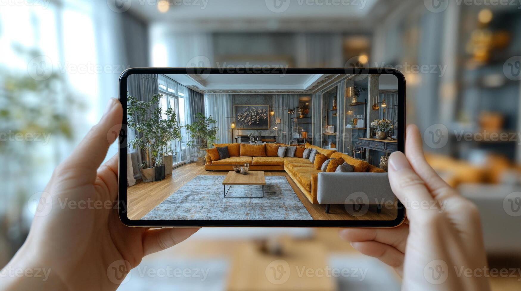 A person holds a smartphone displaying a stylish living room featuring plush orange sofas, soft lighting, and elegant decor. photo