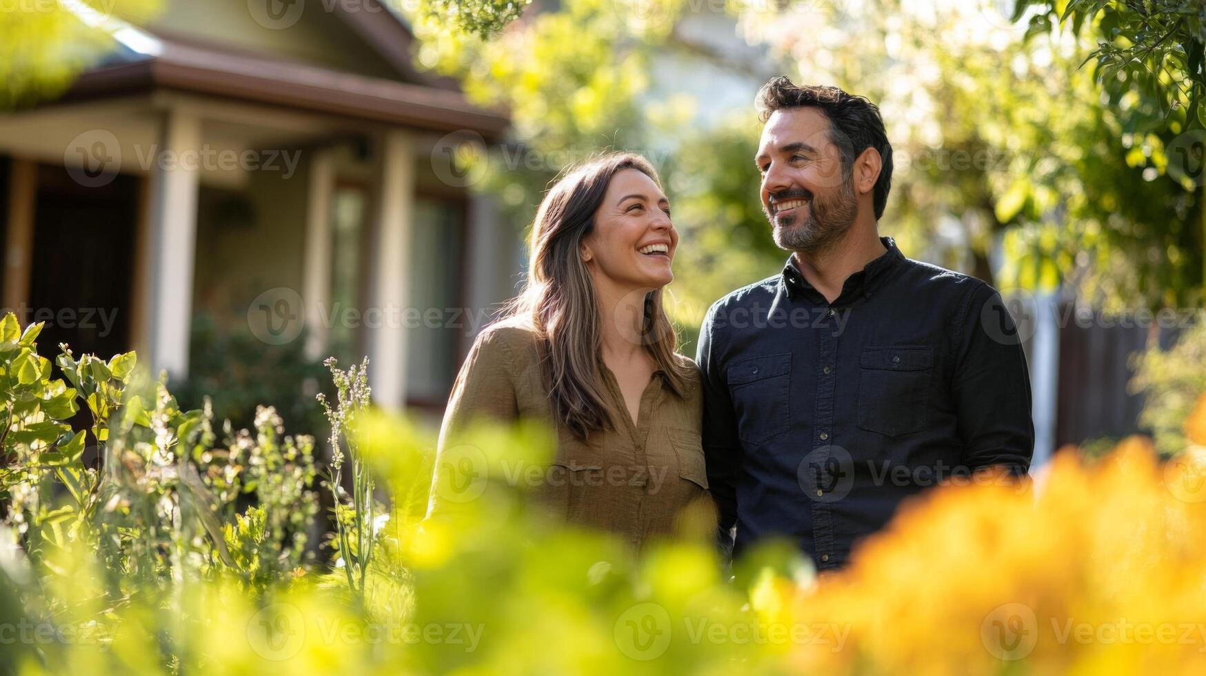 A couple stands together in a lush garden, smiling and laughing as they explore potential real estate opportunities. The sun casts a warm glow, enhancing the inviting atmosphere. photo