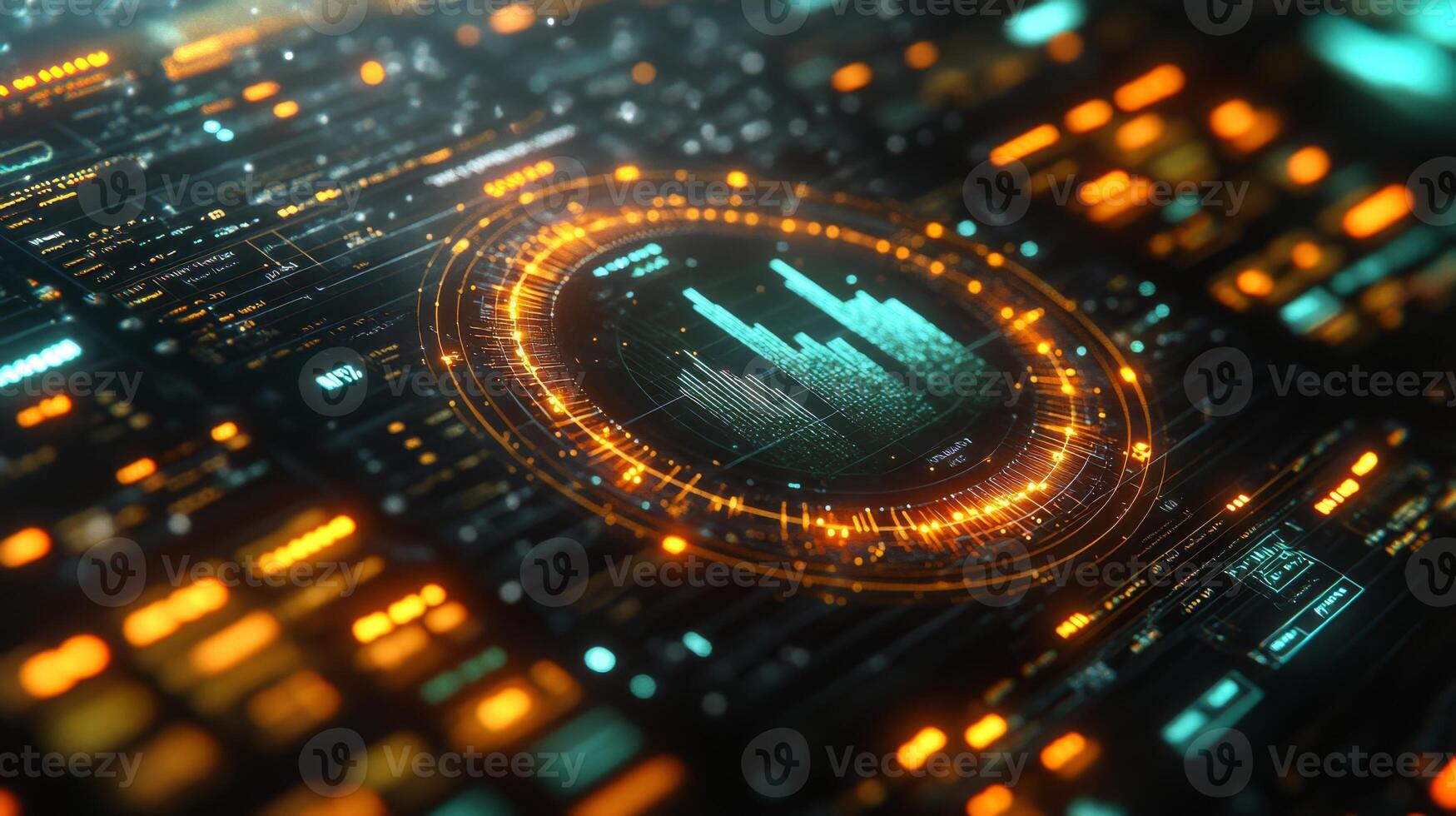 A digital interface showcases glowing metrics and a city skyline, representing data analytics and technology. The vibrant colors create a dynamic atmosphere, emphasizing innovation and insights. photo