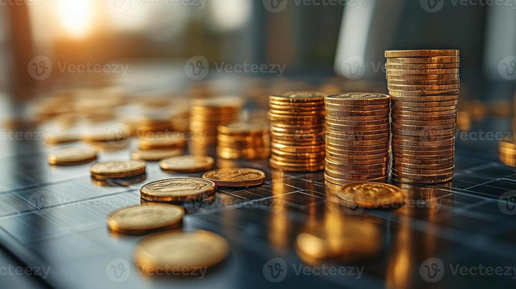 Gold coins are stacked prominently on a dark surface, while several coins are scattered around. The warm glow of sunset creates an atmosphere of wealth and opportunity. photo