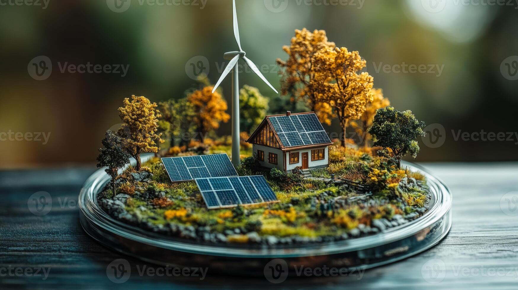 A miniature landscape showcases a small house surrounded by solar panels and a wind turbine. Vibrant trees and a scenic environment promote renewable energy concepts. photo