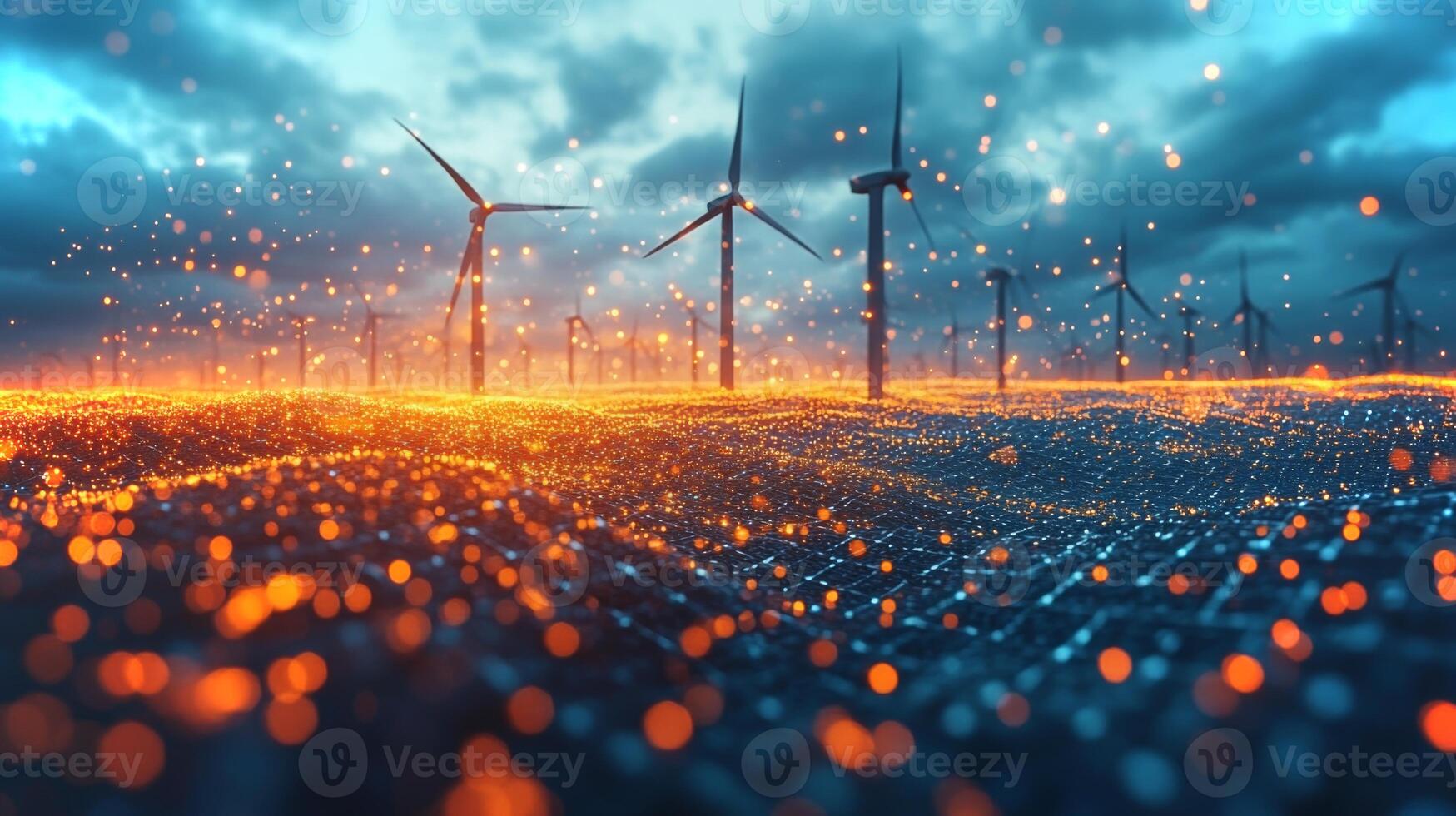 Wind turbines stand tall against a dramatic sunset, surrounded by sparkling waters in hues of orange and blue. The setting highlights the importance of renewable energy. photo