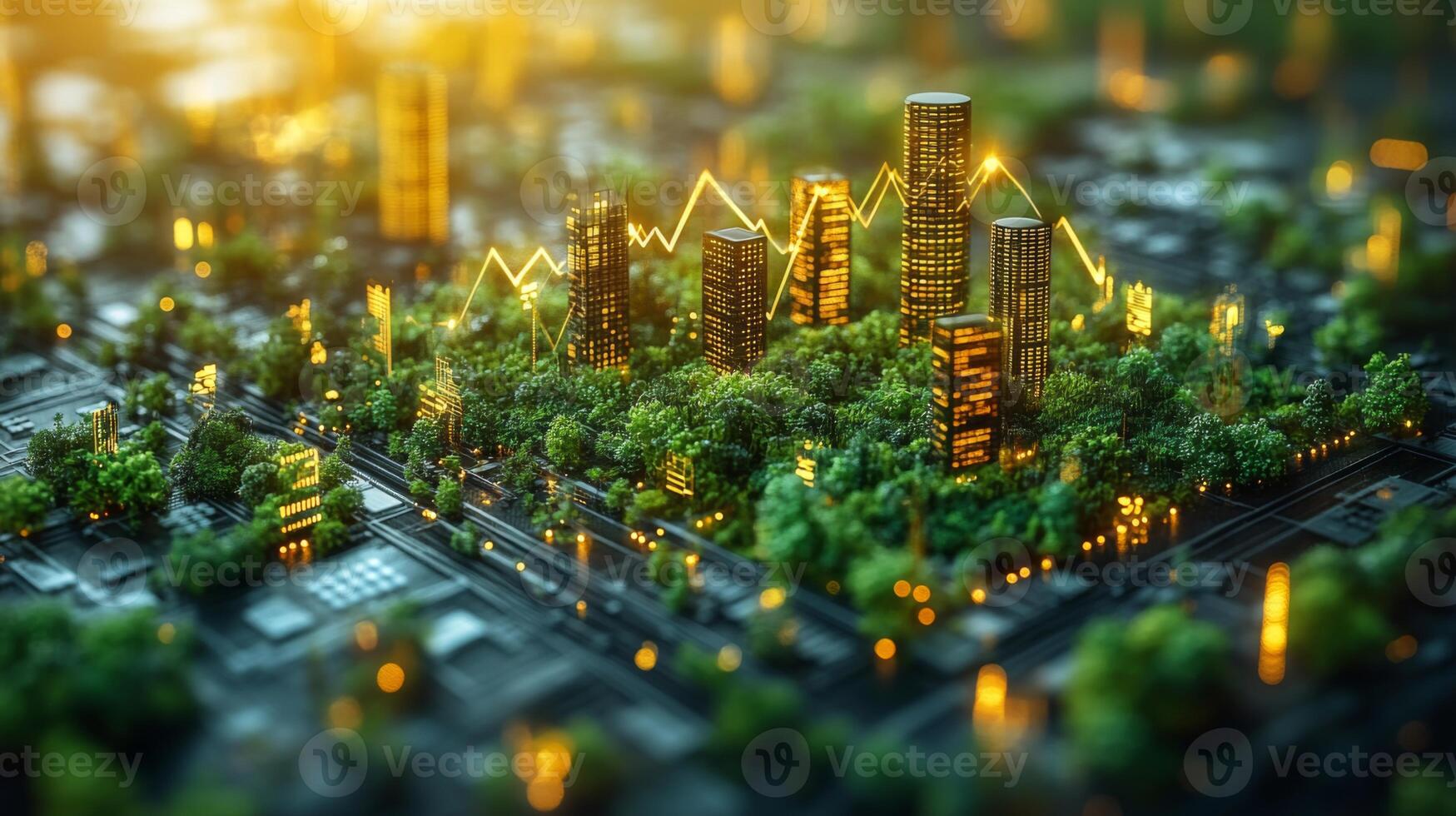 A vibrant city skyline blends seamlessly with green spaces at sunset, highlighting the harmony between urban living and nature in modern architecture. photo