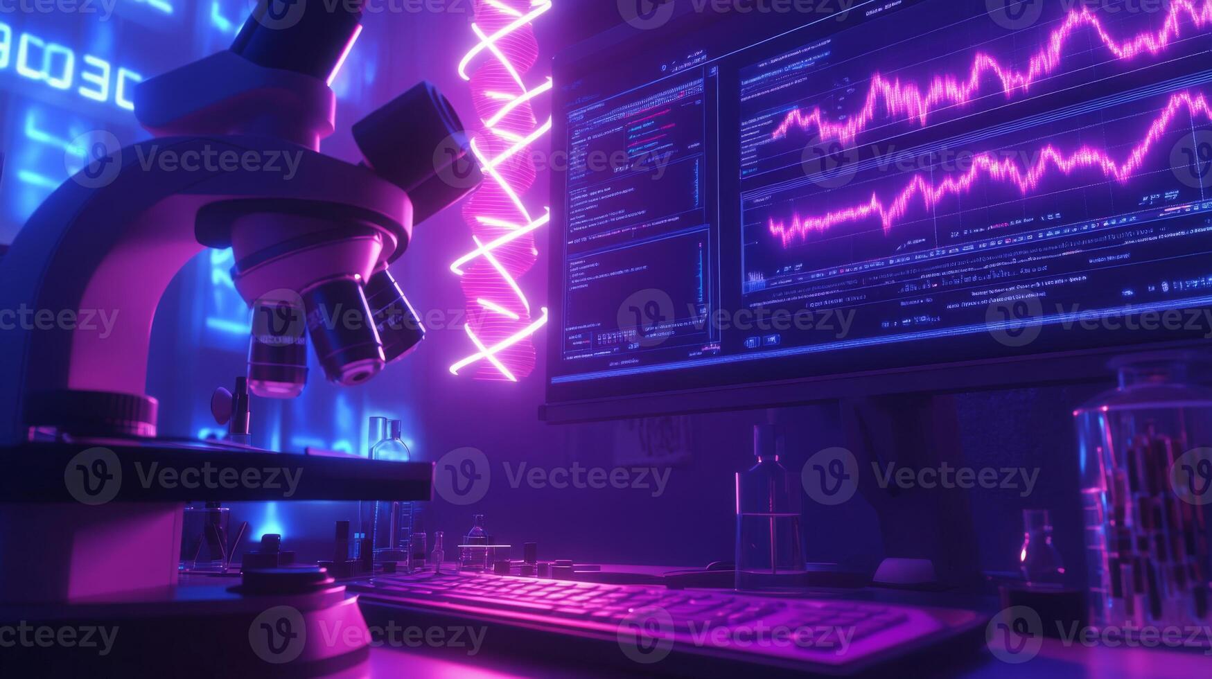 A well-equipped lab showcases a microscope alongside a computer displaying dynamic graphs. Colorful neon lights illuminate the space, emphasizing the integration of biology and technology. photo