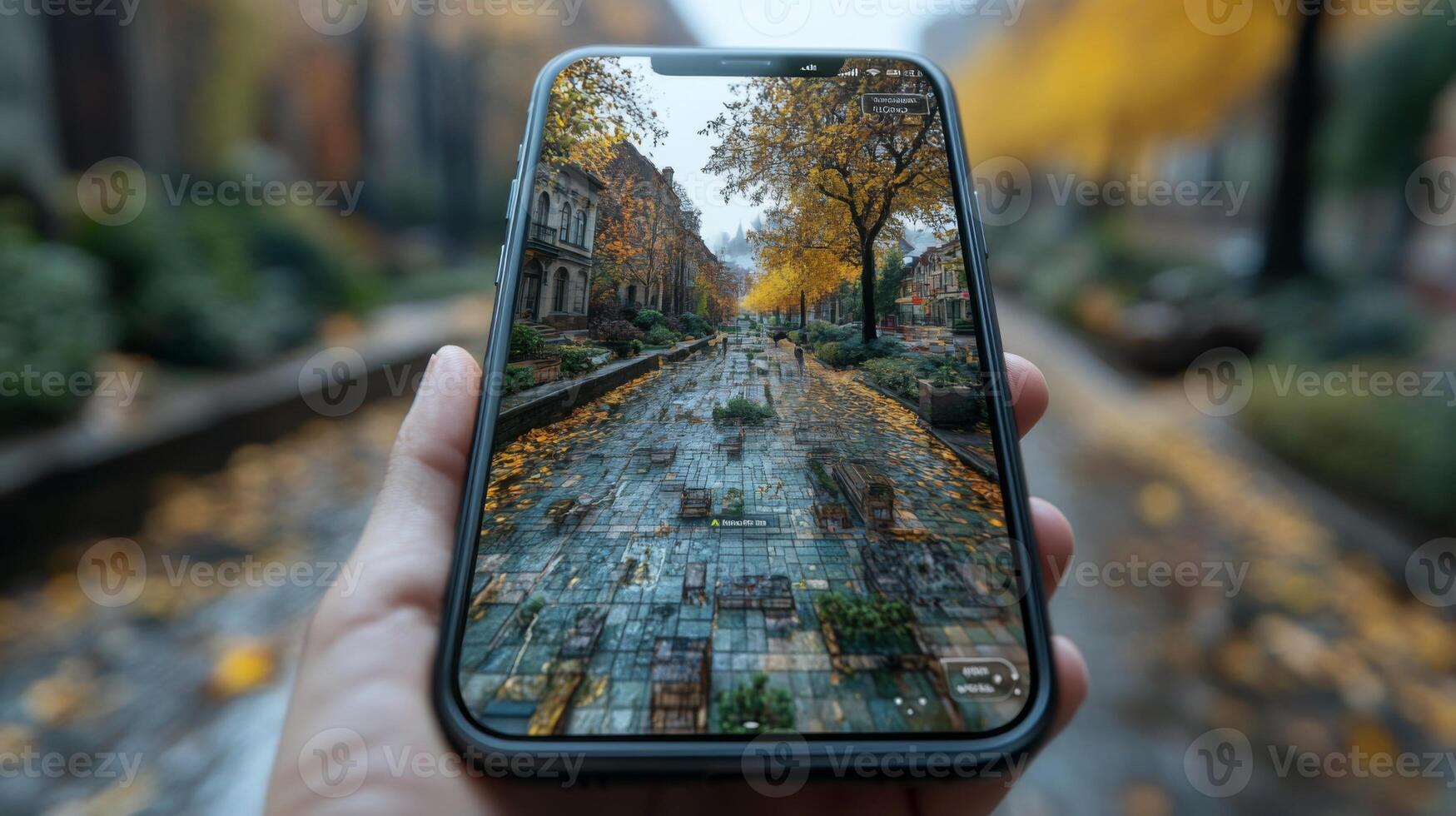 A hand holds a smartphone, showing a picturesque autumn street with vibrant yellow trees and fallen leaves, creating a peaceful, inviting atmosphere in a charming neighborhood. photo