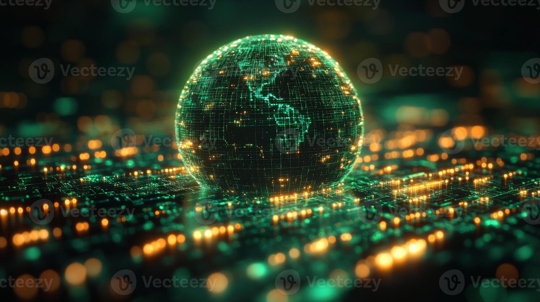A glowing globe is presented with intricate grid patterns emanating light in various colors. The visual emphasizes technological connectivity and data flow, highlighting a virtual landscape. photo