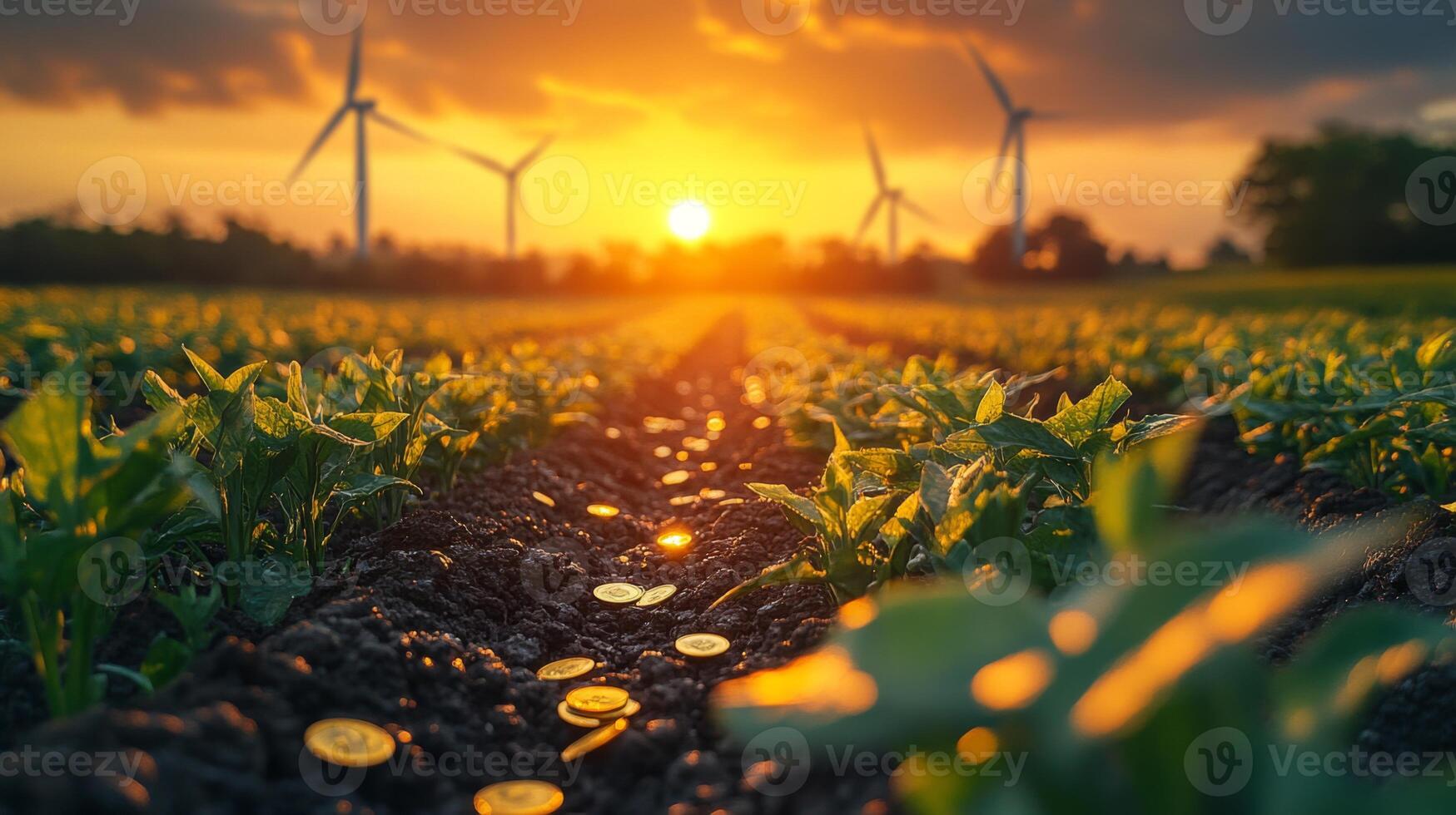 Golden sunlight shines on a lush field during sunset, highlighting green crops and creating a picturesque view with distant wind turbines silhouetted against the colorful sky. photo