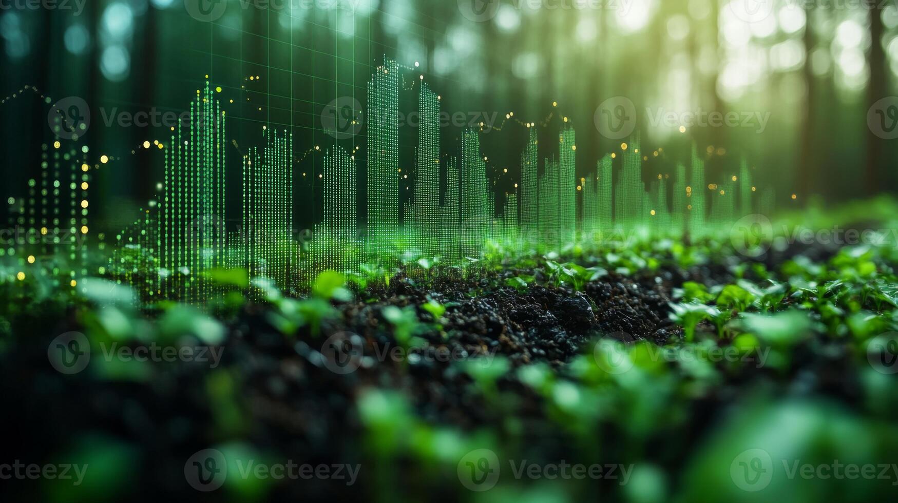 Small green plants are emerging from the soil in a forested area. In the background, graphic representations of city structures overlay the greenery, reflecting a blend of nature and technology. photo