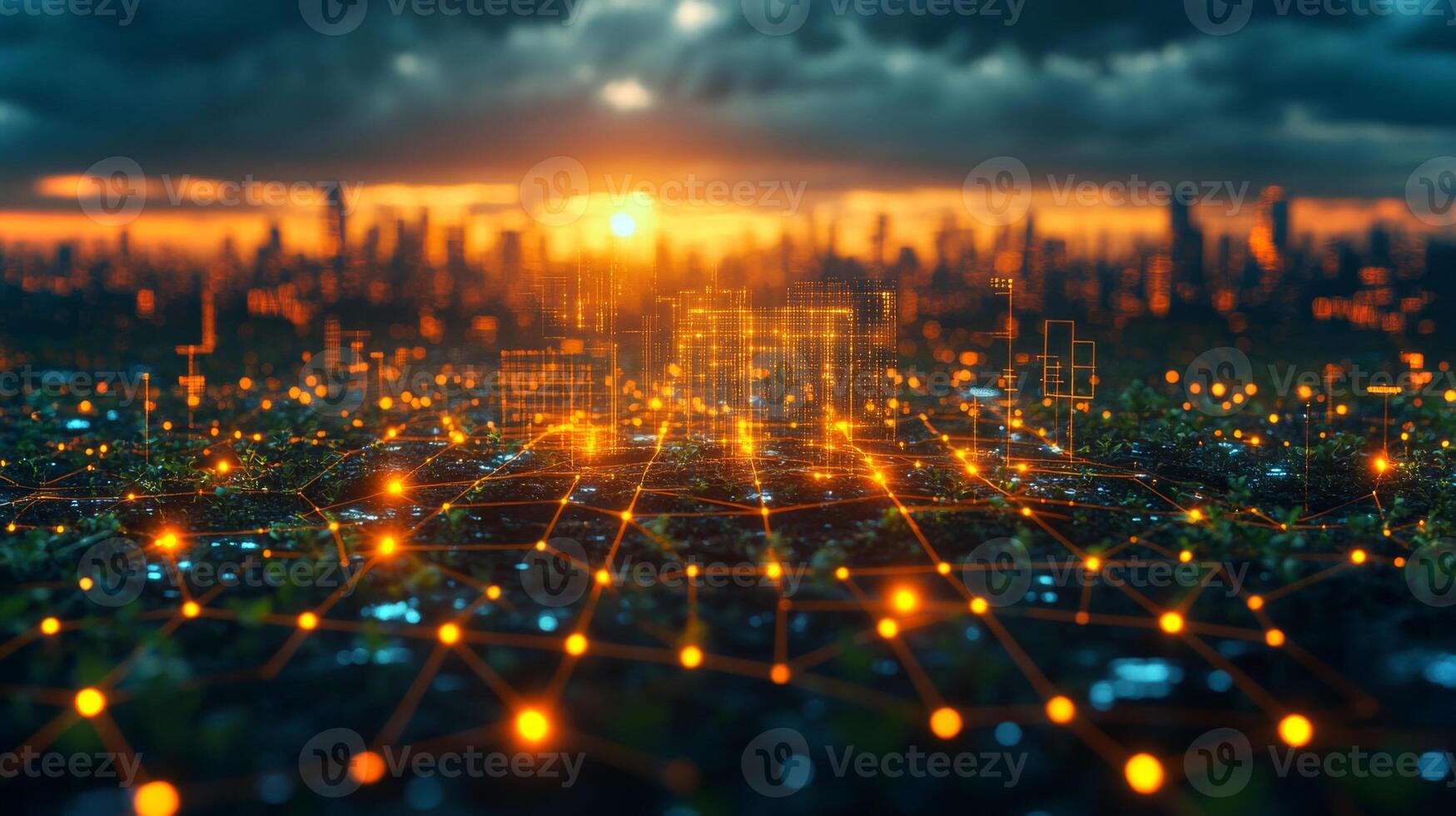 A vibrant sunset casts a warm glow over a futuristic city, with illuminated digital connections forming a network across the landscape. The skyline features tall buildings and a dynamic atmosphere. photo