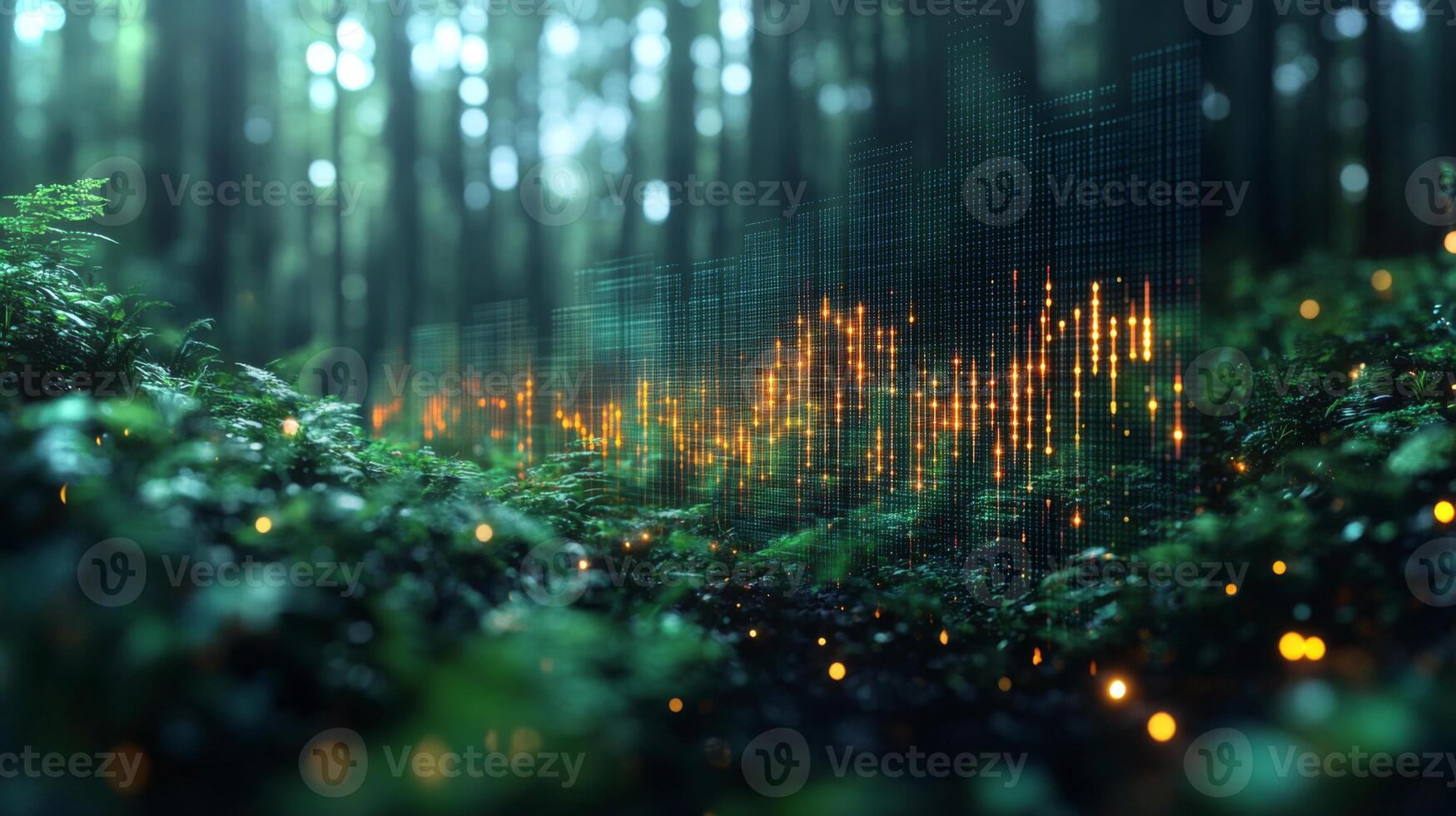 A serene forest scene features dense greenery and soft lighting, while digital sound waves seamlessly integrate into the natural surroundings, merging technology with nature. photo