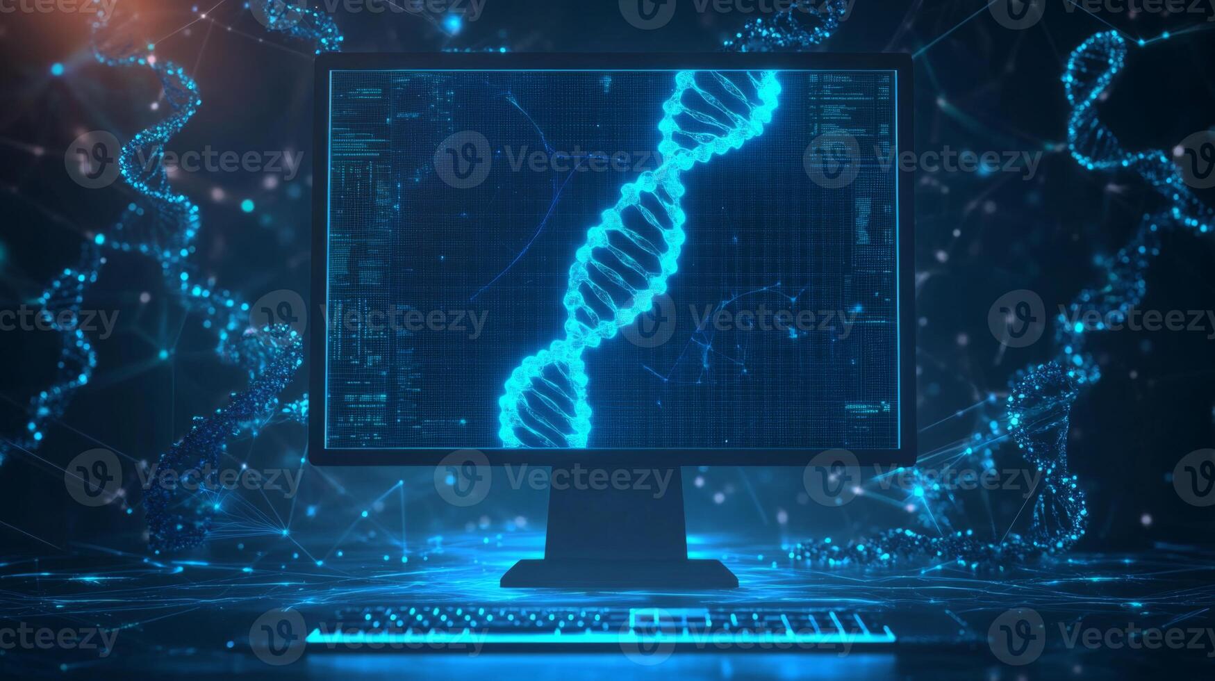 A computer screen displays digital representations of DNA strands against a dark background, illustrating the intersection of artificial intelligence and bioinformatics. photo
