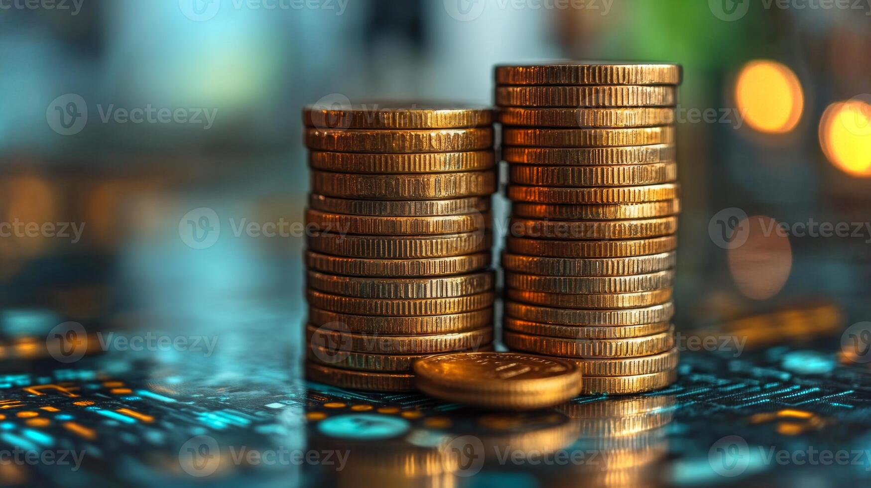 Close-up view of organized stacks of golden coins resting on a vibrant surface adorned with glowing patterns, showcasing a serene indoor atmosphere. photo