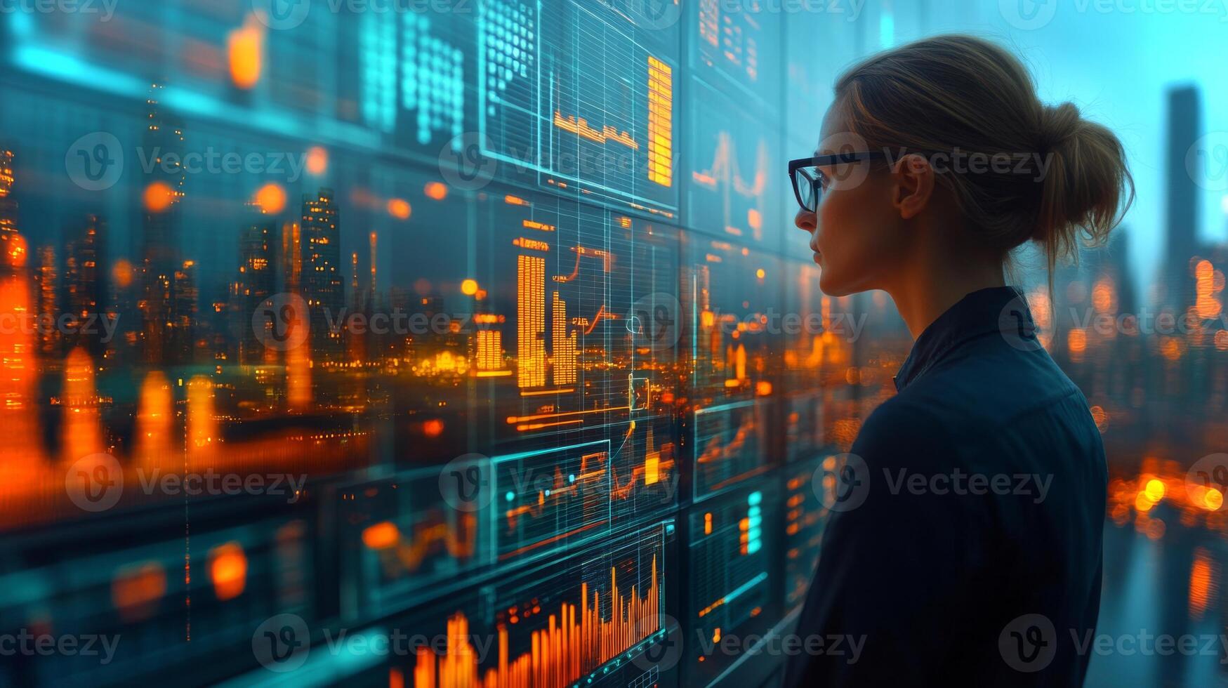 A data analyst observes glowing financial charts displayed on a large screen. The city skyline is visible in the background, illuminated by sunset hues, creating a vibrant atmosphere. photo