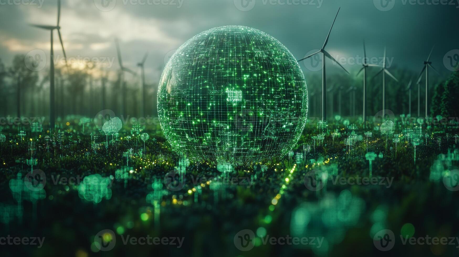 In a lush field filled with wind turbines, a large glowing data sphere sits among digital plants, symbolizing the integration of technology and nature. photo