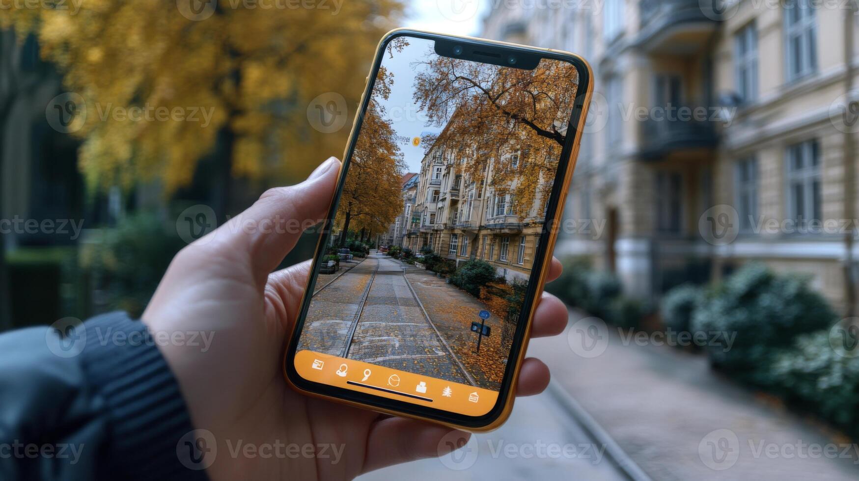 A person holds a smartphone, showcasing a colorful autumn scene lined with trees and classic buildings. The vibrant colors of fall create a stunning backdrop. photo