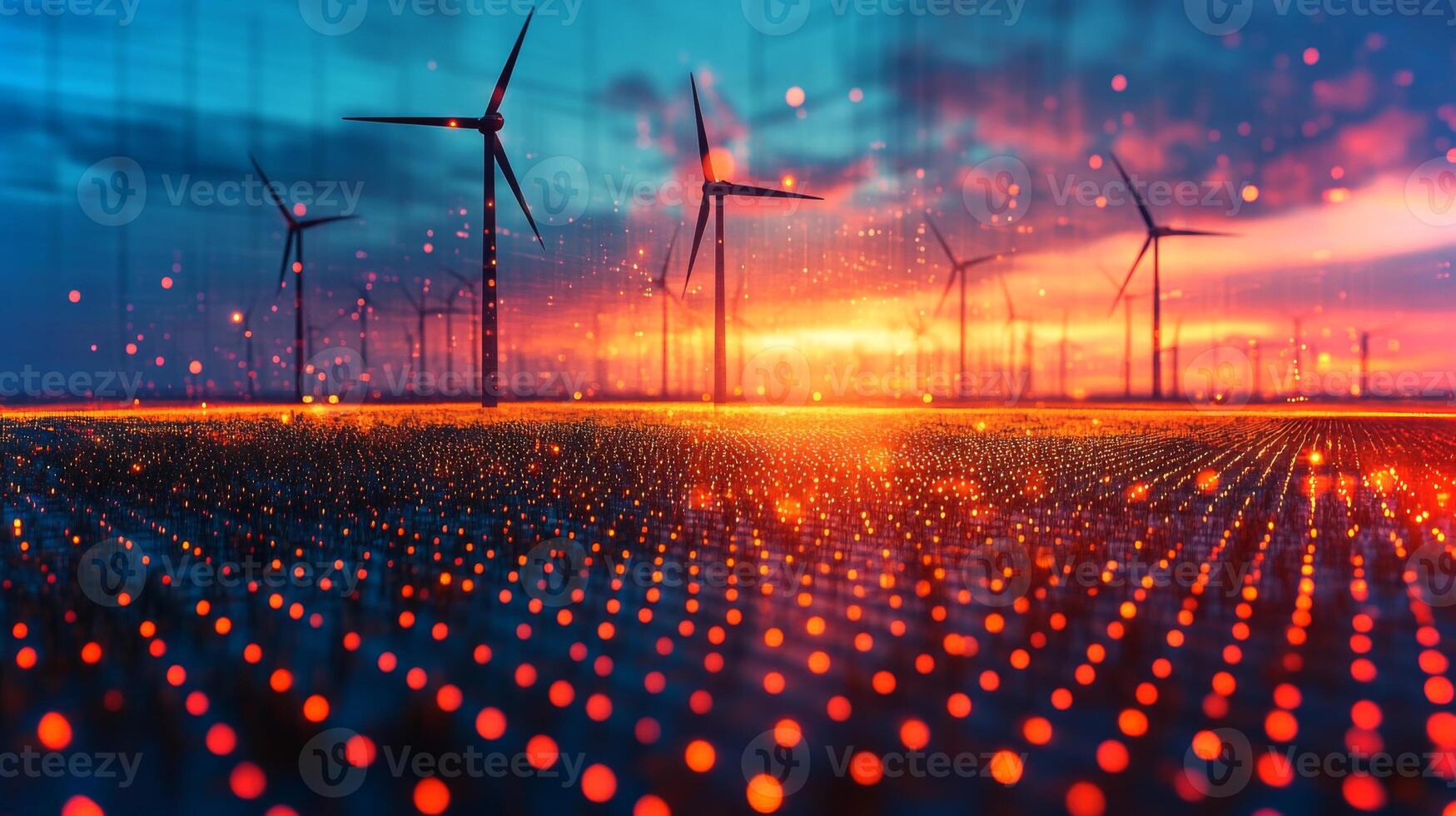 Wind turbines stand against a stunning sunset, illuminating the landscape with vibrant colors. Electric patterns create a dynamic atmosphere, emphasizing renewable energy. photo