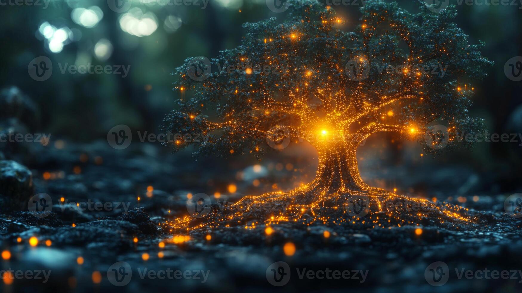 A tree radiates warm, glowing lights, creating a magical atmosphere on the forest floor. Soft twilight filters through branches, enhancing the serene environment. photo
