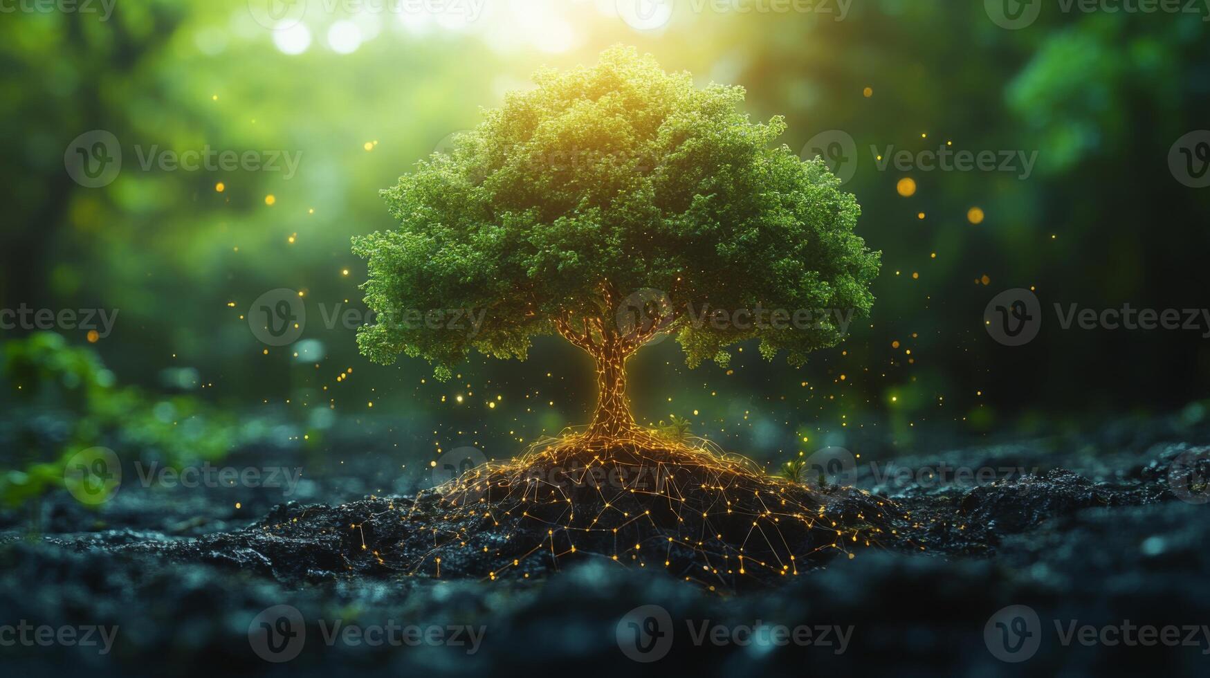 A tree stands prominently in fertile soil, its roots aglow with light. Surrounding it are lush green plants, all illuminated by soft golden sunlight filtering through the forest. photo